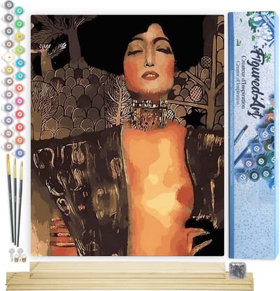 Figured'Art Schilderen op Nummer Volwassenen canvas Gustav Klimt - Judith - Handwerk acrylverf Kit DIY Compleet - 40x50cm met DIY houten lijst