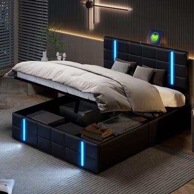 Tweepersoonsbed 160x200 cm in Zwart PU met LED, USB, Lattenbodem en Opbergruimte, Jeugd- & Slaapkamerbed