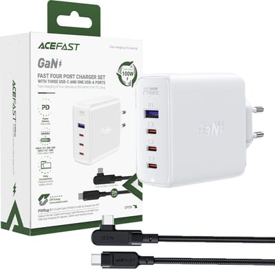 Acefast - snelle - GaN-lader 3xUSB-C/1xUSB-A 100W wit + haakse kabel USB-C - USB-C 100W 2m wit