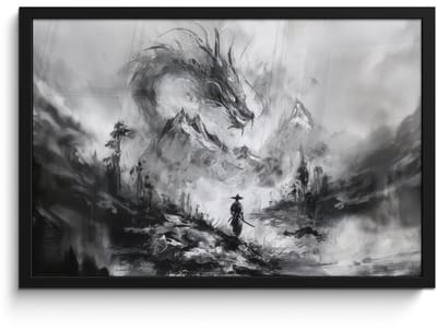 Poster in lijst - Fotolijst 60x40 cm - Posters - Krijger - Draak - Grijs - Posterlijst zwart - Decoratie - Wanddecoratie woonkamer - Muurdecoratie slaapkamer