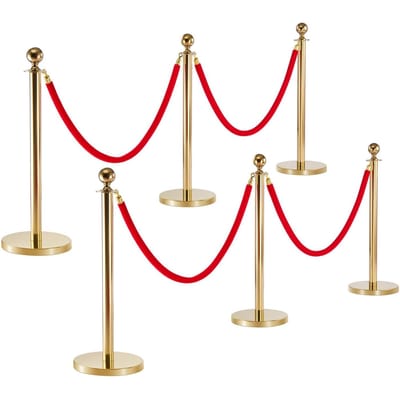 Paal, 6 Stuks Crowd Control Barrière Set met Rode Loper, 4 Rode Fluwelen Touwen, Roestvrij Staal Gouden Paal Wachtrij met Holle Voet voor