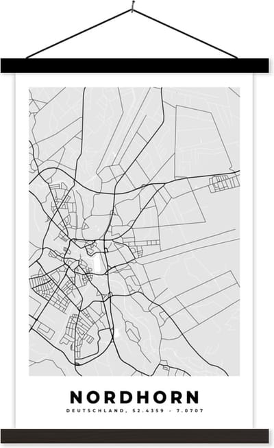 Posterhanger incl. Poster 40x60 cm - Schoolplaat - Duitsland - Nordhorn - Kaart - Stadskaart - Plattegrond - Textielposter - Zwarte latten - Stadskaart