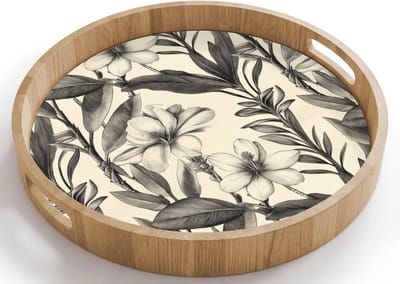 Dienblad rond 40x40 cm - Schootdienblad hout - Klassiek - Botanisch - Zwart - Beige - Borrelplank rechthoek - Plateau houten dienbladen
