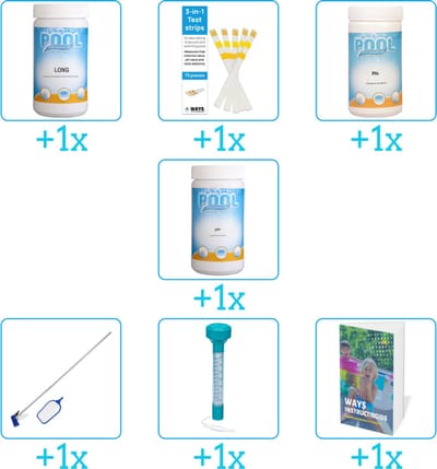 Zwembad Onderhoudspakket - Onderhoud Zwembad - bevat Chloor - Testrips - PH-min - PH-plus - Schoonmaakset - Thermometer en Zwembadgids (7-delig)