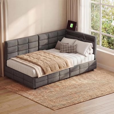 Gestoffeerd Bed - Eenpersoonsbed Bank - Slaapkamer Inrichten - Geïntegreerde LED Verlichting - 90x200 cm - Grijs Linnen