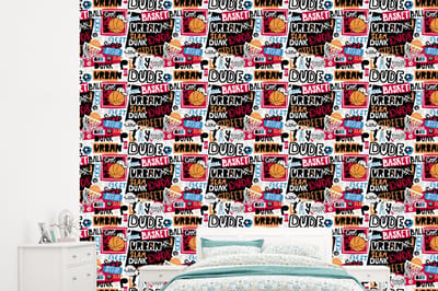 Behang - Fotobehang Basketbal - Quotes - Patroon - Alfabet - Breedte 245 cm x hoogte 220 cm