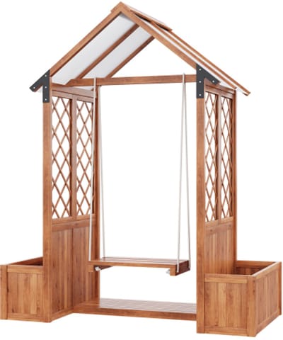 Bloempot, buitenschommel, plantenbak met klimrek, met zonnedak van polycarbonaat. Bloembak plantenbak, bruin massief hout, geschikt voor tuin, erf en terras