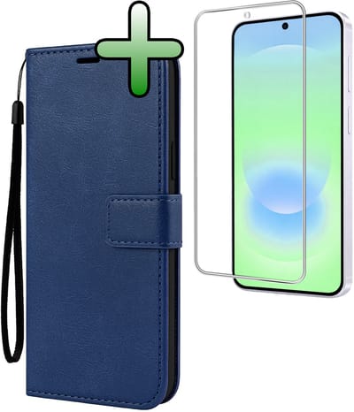 Hoesje Met Screenprotector - Geschikt voor Samsung Galaxy A37 - Luxe Pasjeshouder - Bookcase Portemonee - Flip Case - Kunstleer Book Case - Flipcase - Book Cover - Walletcase - Portemonneehoes - Donkerblauw