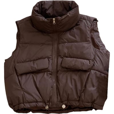 Dames Gilet Jas Opstaande Kraag Mouwloos Rits Sluiting Katoen Gilet met Zakken Koordzoom Losse Pasvorm Effen Puffer M koffie