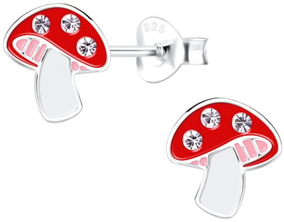 Joy|S - Zilveren paddenstoel oorbellen - 8 mm - rood met kristal