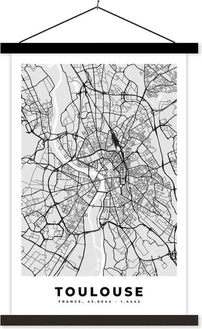 Posterhanger incl. Poster 40x60 cm - Schoolplaat - Frankrijk - Plattegrond - Kaart - Toulouse - Stadskaart - Textielposter - Zwarte latten - Stadskaart