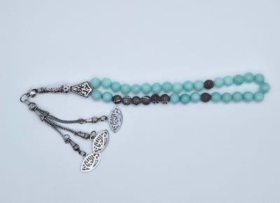 Handgemaakte naam tasbih 33 Kralen Natuursteen “AAA Amazonium” - met metaal tassel “Ogen"- Met je naam of de naam van uw geliefde- 8 mm diameter van de korrel