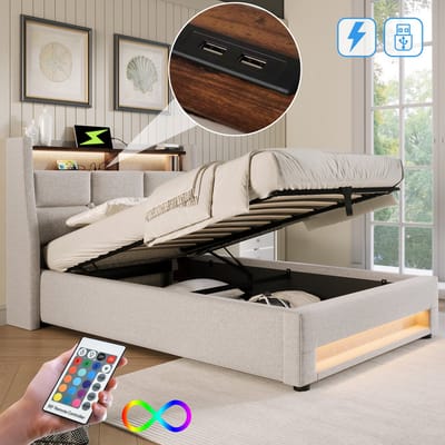 Kinderbed 90x200 cm Beige met LED Licht en USB – Jongerenbed met Opbergruimte, Gestoffeerd Linnen Bed met Lattenbodem