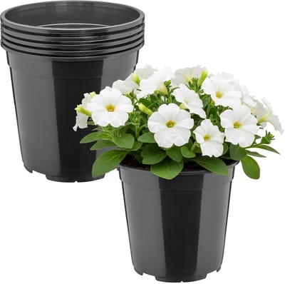 Garronda Set van 5 hoge ronde kunststof bloempotten met drainagegaten (Zwart, Ø20 x 19 cm (4L)) GD-KW-RH