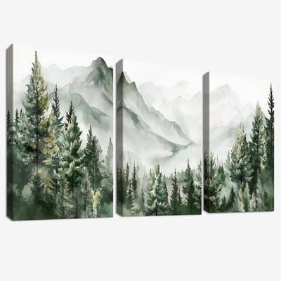 Set van 3 houten ingelijste canvas wanddecoratie met aquarel berglandschap en bos