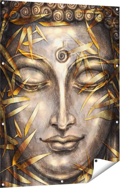 Gards Tuinposter Boeddha Beeld met Gouden Bladeren - 90x120 cm - Tuindoek - Tuindecoratie - Wanddecoratie buiten - Tuinschilderij