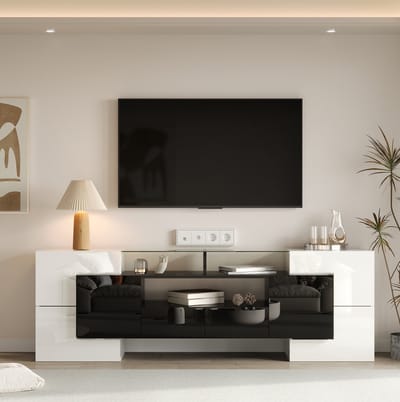 MEUNIQ TV-kast 200 x 35 x 60 cm met 6 deuren, 2 lades en 3 vakken, LED-verlichting, dressoir voor woonkamer in wit en zwart