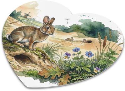 Hartvormige Muismat "Aquarel Series" Konijn bij Konijnenhol in de Duinen met Molen - Waterverf Wilde Dieren Bureau Accessoire Cadeau voor haar: Vrouw,Vriendin & Collega - Natuur Thema Hartjes Muismat voor Computermuis Kantoor