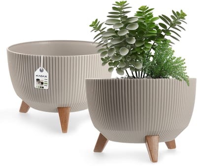 Kadax Bloempot, van kunststof, met drie insteeksteunen, rond, bloemenschaal, plantenbak, bloembak, voor balkon, woonkamer, 33 cm diameter, taupe