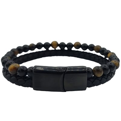 Rhylane – Heren Armband - Leder & Tijgeroog – Edelstaal sluiting – Zwart – 21 cm