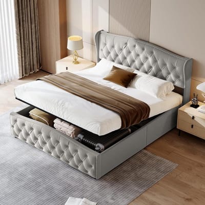Gestoffeerd tweepersoonsbed, 140 x 200 cm, met opbergruimte, jeugdbed, hydraulisch bed met lattenbodem, bedframe zonder matras, voor slaapkamer, logeerkamer, fluweel