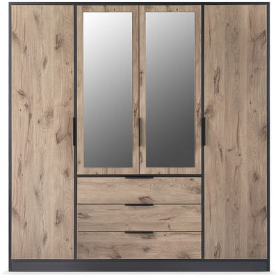 Vente-unique Kast met 4 deuren en 3 lades - Met spiegels - L196 cm - Kleuren: houteffect en zwart - LAMIKI
