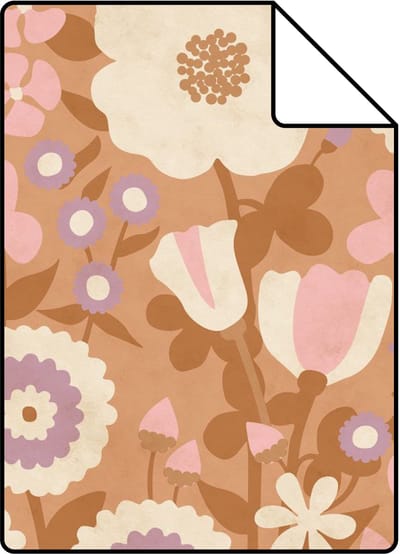 Proefstaal ESTAhome behang retro bloemen terracotta bruin, roze en paars - 26.5 x 21 cm - 132161-S
