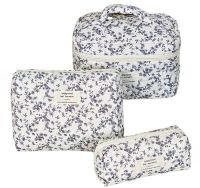 Set van 3 Make-up Tasjes Gewatteerd Bloemen Katoen – Grote Capaciteit Esthetische Cosmetische Tas & Toilettas voor Vrouwen – Reistas Organizer met Ritssluiting -Wit met zwarte bloemen, 3-delige set [Groot + Middel + Klein]