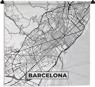 Wandkleed - Wanddoek - Kaart - Barcelona - Stadskaart - Plattegrond - Zwart Wit - 180x180 cm - Wandtapijt