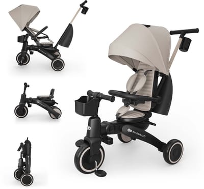 Kinderkraft JAZZ 3 Driewieler – 9 maanden tot 5 jaar – Inklapbaar & Lichtgewicht – 360° Draaibare Click & Twist Stoel – Verstelbare Oudergreep & Zonnekap – Beige