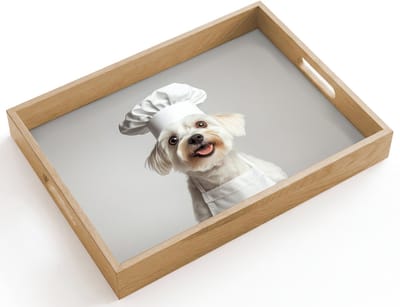 Dienblad hout 40x30 cm - Schootdienblad - Hond - Wit - Kok - Borrelplank rechthoek - Plateau dienbladen
