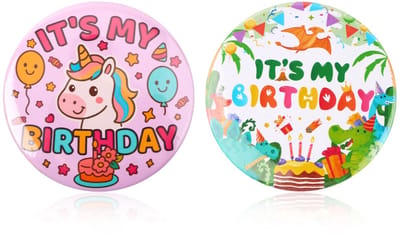 Dailygoods- Badgespelden 2 Stuks - Eenhoorn/Dinosaurus - Verjaardagspins - Feestdecoratie - Kinderfeest - 5,8x5,8x0,4cm - Verjaardagsbuttons