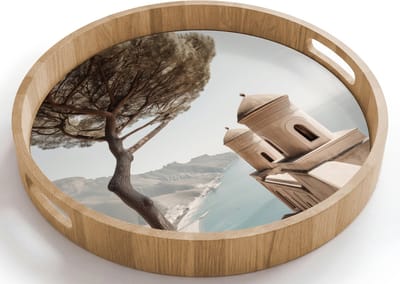 Dienblad rond 40x40 cm - Schootdienblad hout - Kust - Klif - Boom - Gebouw - Borrelplank rechthoek - Plateau houten dienbladen