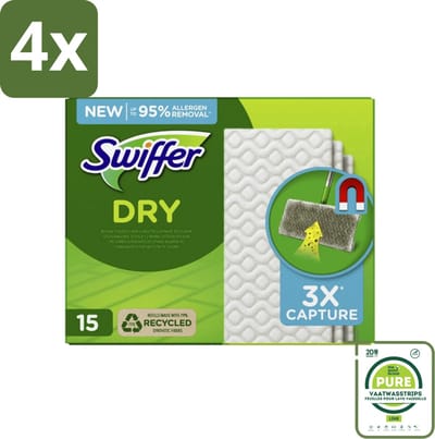 Swiffer Dry - Vloerdoekjes - Navulling - Gerecyclede Fibers - 15 Doekjes - Voordeelverpakking - 4 stuks - Stofzuiger - Stofdoekjes