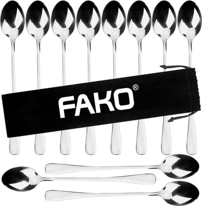Fako Bijoux - 12 Lange Lepels - Latte Macchiato - Longdrink - Cocktail - Dessert - IJs - Koffie - Zilver - 12 Stuks - Bewaarzakje