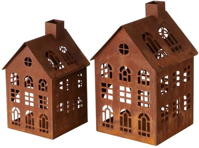 Boltze - Waxine Huisjes - Huisjes - Lantaarn huisjes - set van 2 - Metaal - Roest - 20 en 23cm hoog