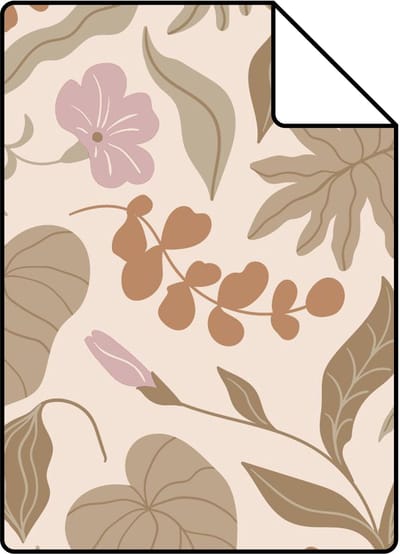Proefstaal ESTAhome behang bladeren en bloemen warm beige, terracotta en paars - 26.5 x 21 cm - 131051-S