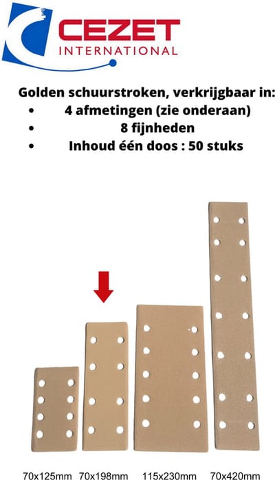 CEZET Golden schuurpapier strook - grit 80 - 70x198 mm - 8 gaten - 50 stuks - schuren auto, boot enz.