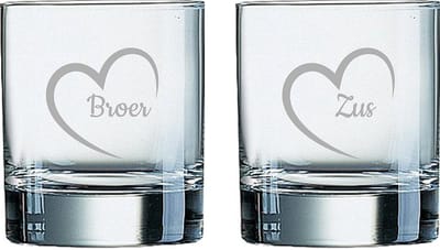 Gegraveerde Whiskeyglas 20cl Broer met hartje-Zus met hartje