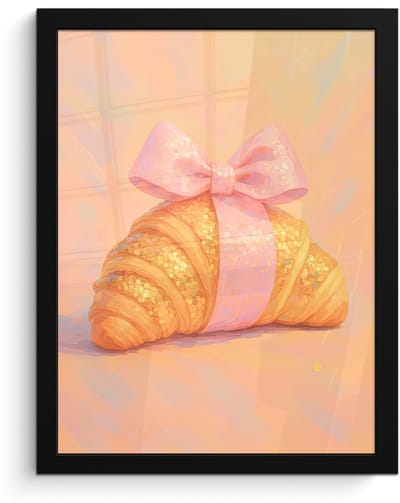 Poster in lijst - Fotolijst 30x40 cm - Posters - Croissant - Strik - Roze - Posterlijst zwart - Decoratie - Wanddecoratie woonkamer - Muurdecoratie slaapkamer