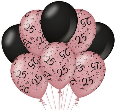 BTH - Latex Ballonnen - 25 Jaar - Rose-Zwart - Ballonnen - Verjaardag - 25 Jaar Getrouwd - Versiering - Decoratie - 8 st.