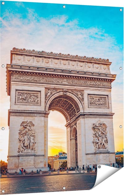 Gards Tuinposter Arc de Triomphe in Parijs met Zonsondergang - 90x120 cm - Tuindoek - Tuindecoratie - Wanddecoratie buiten - Tuinschilderij