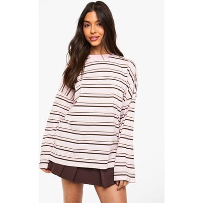 boohoo Dames Gestreepte katoenen top met zak aan de voorkant en lange mouwen | Roze | Maat: 40