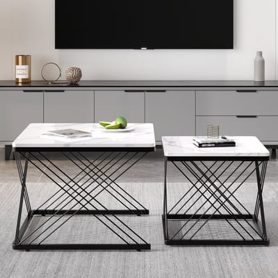 DESMIU Salontafel Set - Hoogglans Marmorlook Met Verstelbare Poten - Voor Woonkamer En Diverse Woonruimtes - MDF - Zwart Wit - 60x60x45 En 45x45x40 Cm