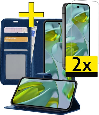 Hoesje - Met 2x Screenprotector - Geschikt voor Google Pixel 9 - Luxe Pasjeshouder - Bookcase Portemonee - Flip Case - Kunstleer Book Case - Flipcase Hoes - Book Cover - Walletcase - Portemonneehoes - Telefoonhoesjes - Donkerblauw
