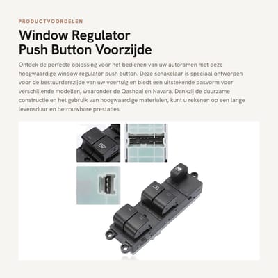 Dailygoods - Window Regulator Push Button - Voorzijde bestuurder - Hoogwaardige kwaliteit - Kunststof - Geschikt voor Qashqai en Navara - 25401-BB65B