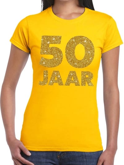 50 jaar verjaardag t-shirt - geel - voor dames - gouden glitter print - jubileum XS