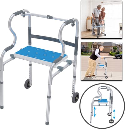 Loophulpmiddel voor senioren met 2 zwenkwielen, opvouwbare rollator voor volwassenen, stabiel, 8-traps hoogte Verstelbaar, aluminium looprek, tot 180 kg, looprek met afneembare zitting en antislipmat