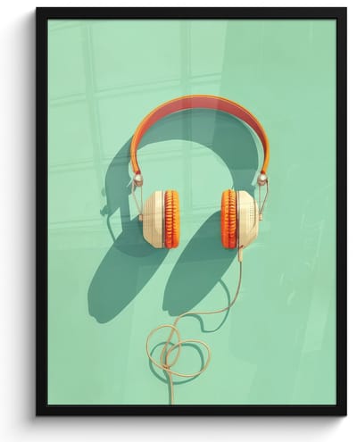 Poster in lijst - Fotolijst 60x80 cm - Posters - Koptelefoon - Oranje - Snoer - Minimalistisch - Posterlijst zwart - Decoratie - Wanddecoratie woonkamer - Muurdecoratie slaapkamer - Kerstversiering - Kerstdecoratie voor binnen - Kerstmis