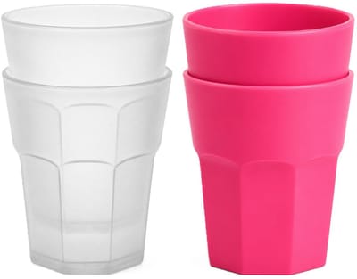 Plasticforte onbreekbare drinkglazen - 8x stuks - kunststof/plastic - mix van twee kleuren - roze en transparant - 360 ml - 10 x 9 cm